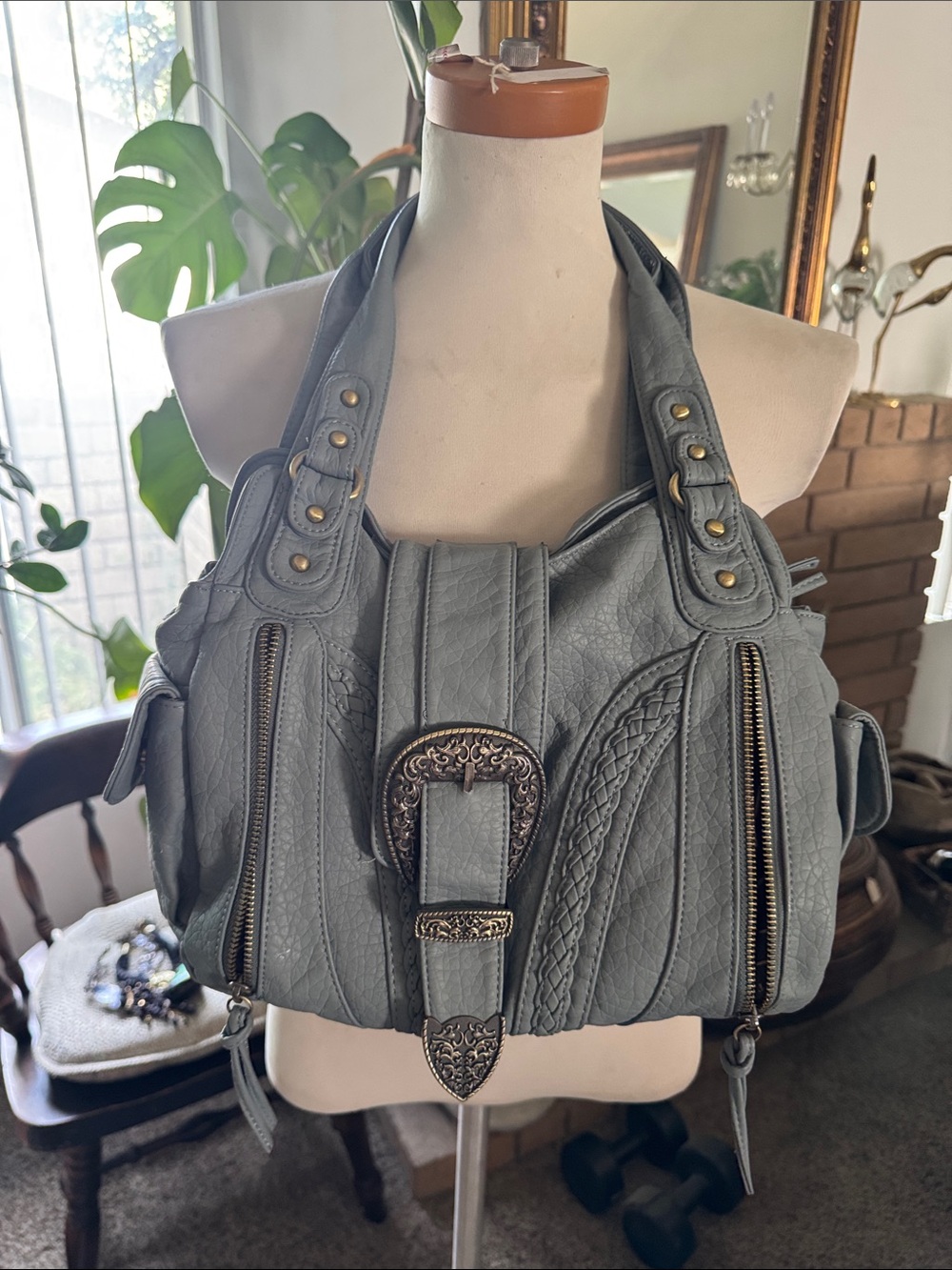 Montana West Gray Braided Accent Shoulder Bag with Ornate Buckle